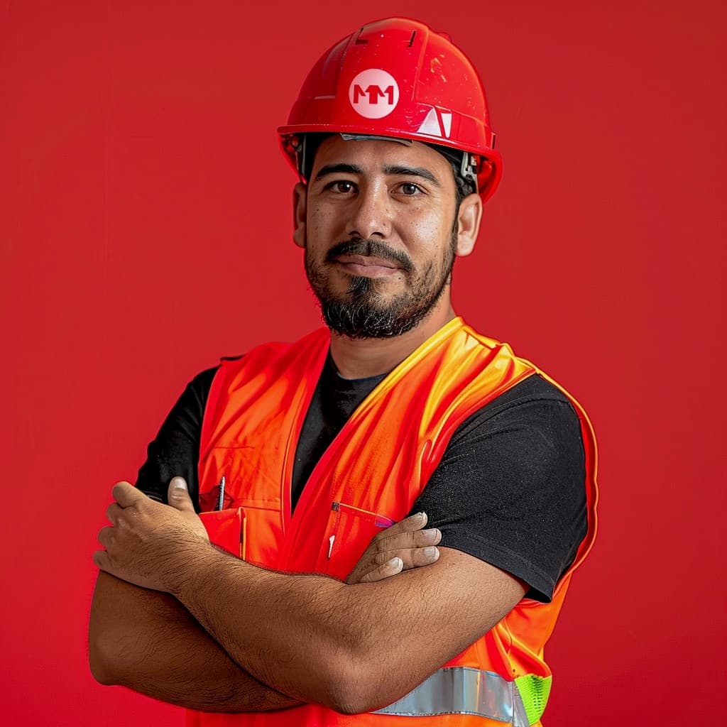 Un hombre con un casco rojo y un chaleco naranja de seguridad está de pie frente a un fondo rojo. Tiene una expresión confiada y tiene los brazos cruzados sobre el pecho.