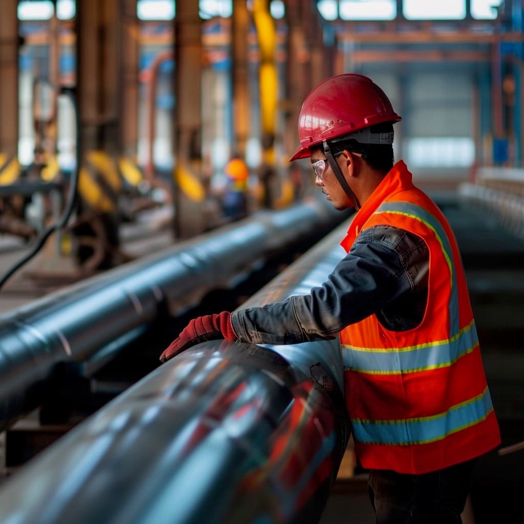 Un trabajador con casco y gafas de protección, vestido con un chaleco naranja reflectante, está inspeccionando una larga Tubería Galvanizada en un entorno industrial. Al fondo, se pueden ver más trabajadores y estructuras de soporte. La iluminación resalta el brillo de las tuberías.