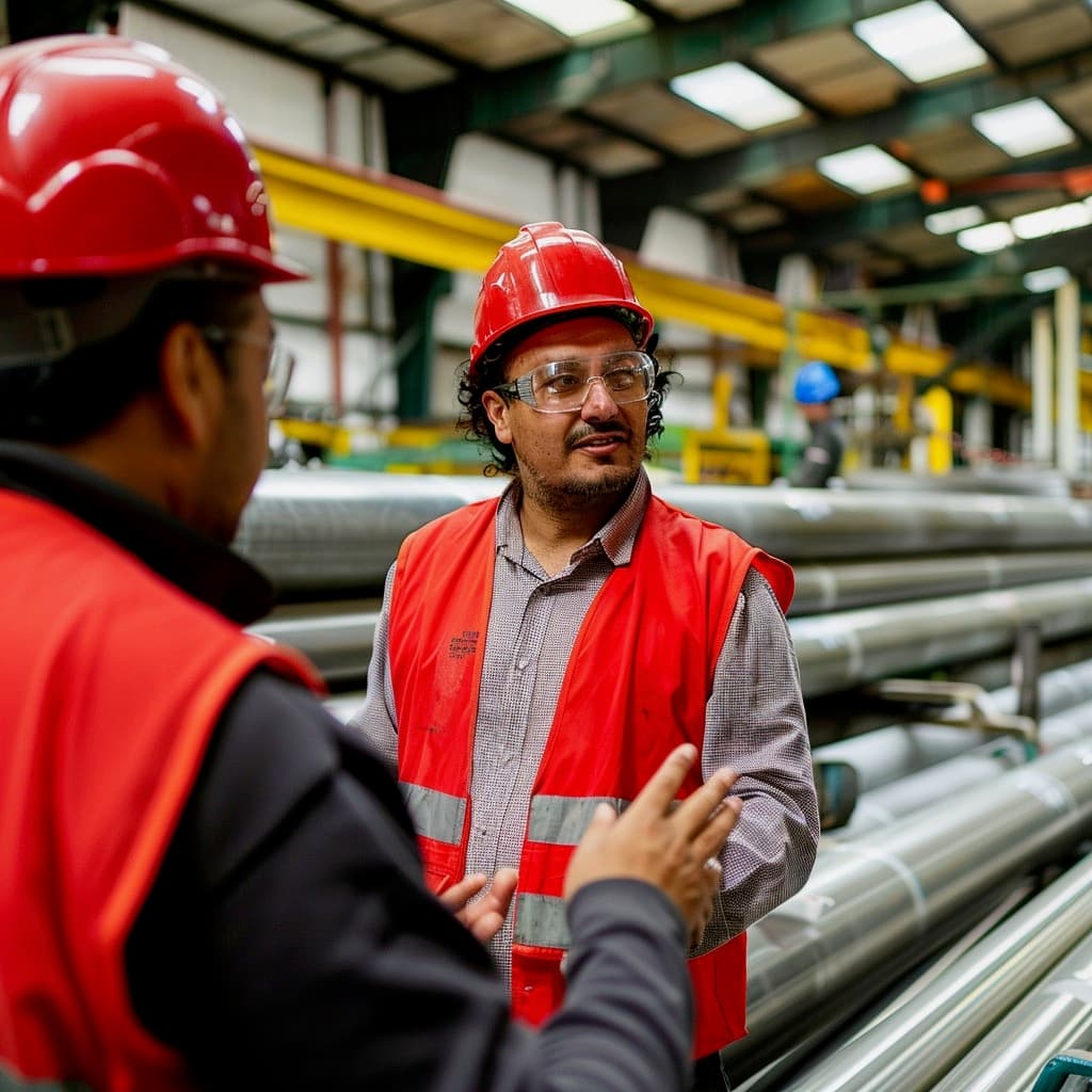 Dos hombres conversan en un entorno industrial. Ambos llevan casco rojo y chaleco de seguridad. Uno de ellos tiene el cabello rizado y lleva gafas de protección. Al fondo, hay varios tubos galvanizados apilados y la estructura del lugar es de un taller o fábrica.
