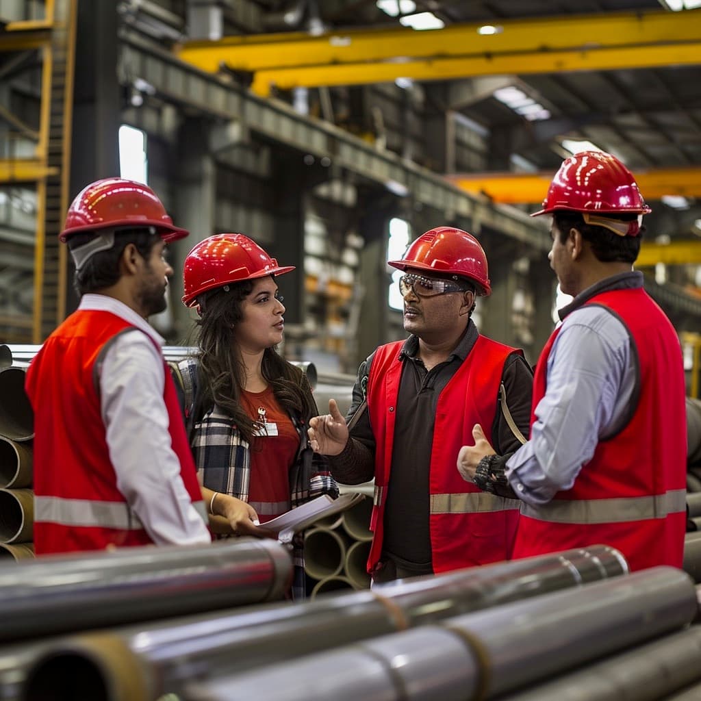 Cuatro trabajadores en un taller industrial discuten entre ellos. Todos llevan cascos rojos y chalecos de seguridad rojos. Al fondo se pueden observar tubos galvanizados apilados. La atmósfera parece de colaboración y planificación.