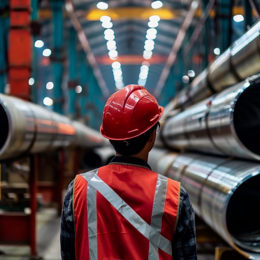 Trabajador inspeccionando un sistema de conducción en la industria petrolera