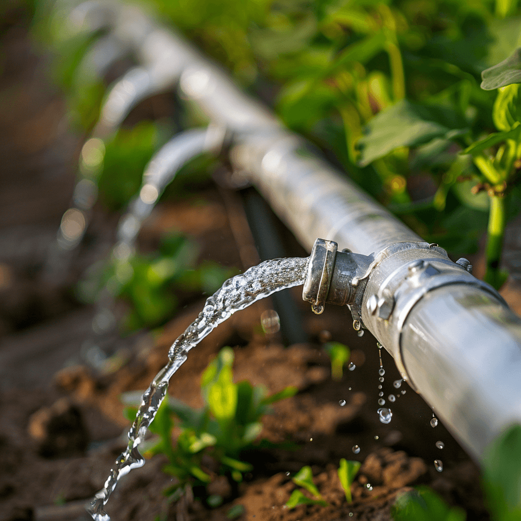 Una Tubería Galvanizada expulsa agua en un campo cultivado, con plantas verdes alrededor y gotas de agua cayendo al suelo.